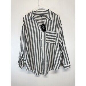 Club Z Collection Women Button Front Shirt Top Tunic Striped Gray CotonPlius 2X